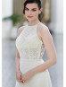 Halter Neck Ivory Lace Chiffon Keyhole Back Wedding Dress